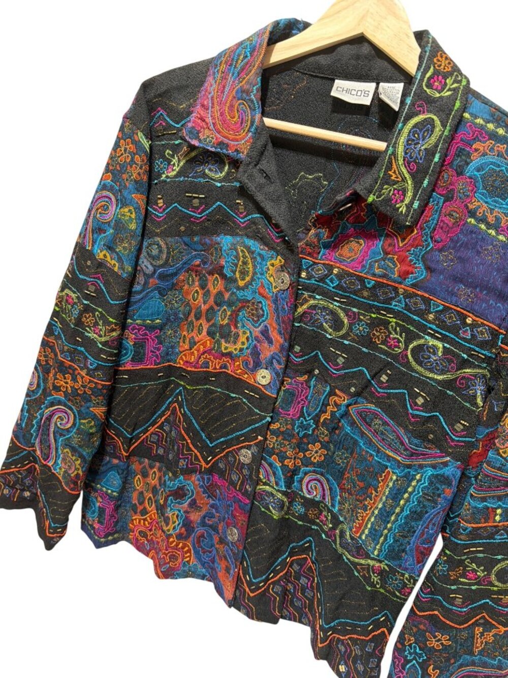 Chicos Multicolor Floral Embroidered Button-Up Jacket Cotton Blend Made In India
